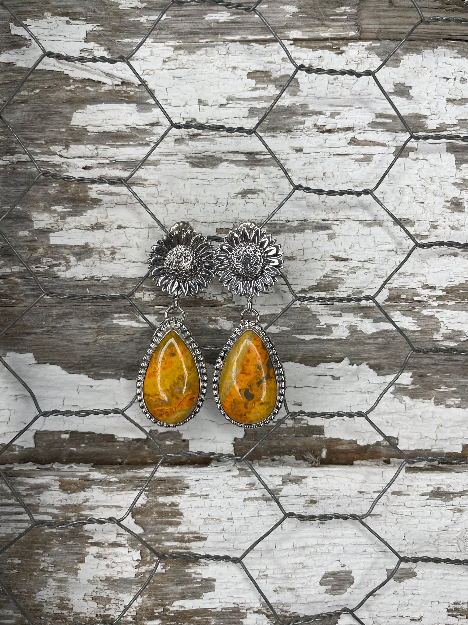 Bumble Bee Jasper Sunflower Earrings