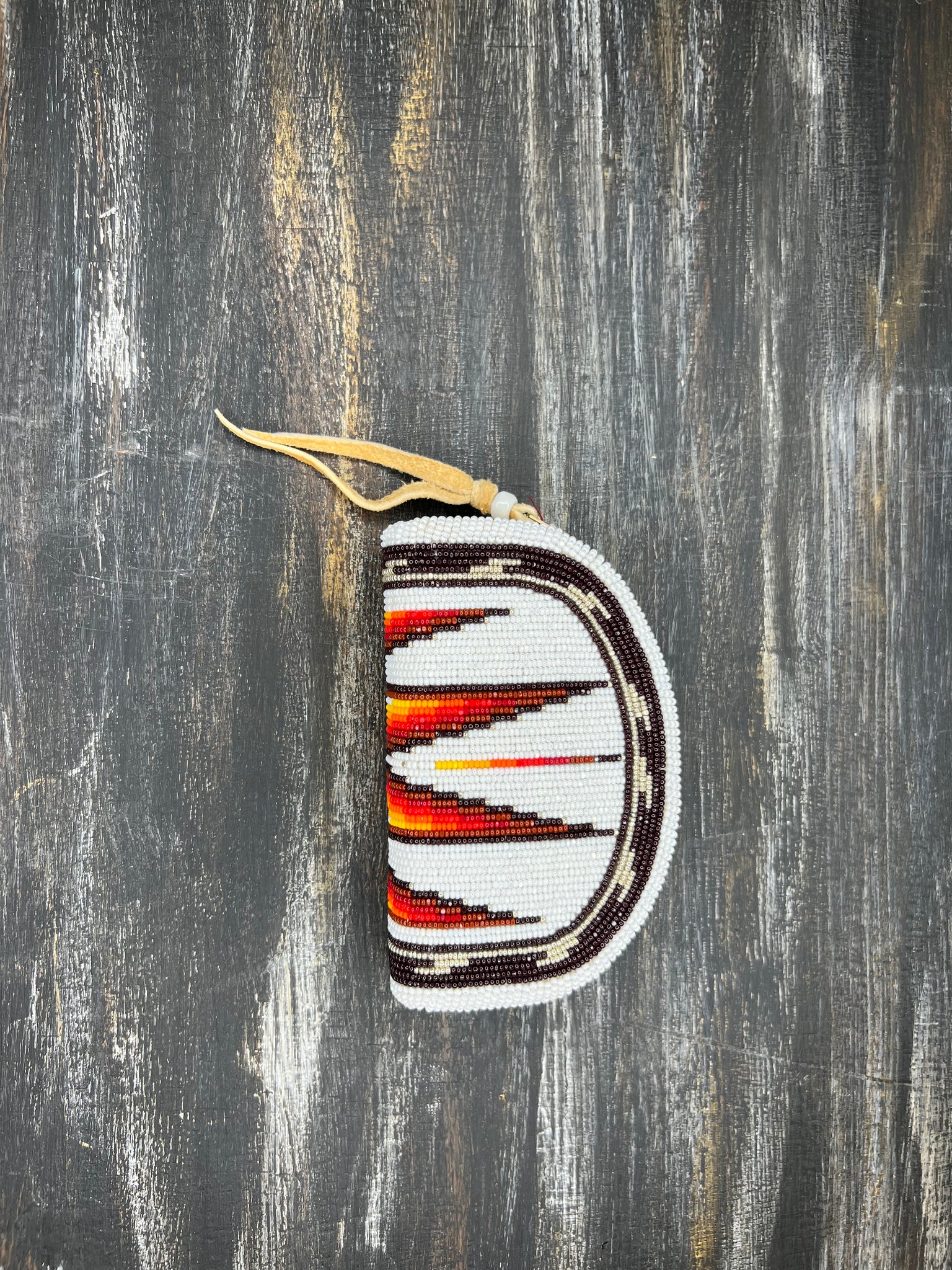 Brown, white and red beaded wallet